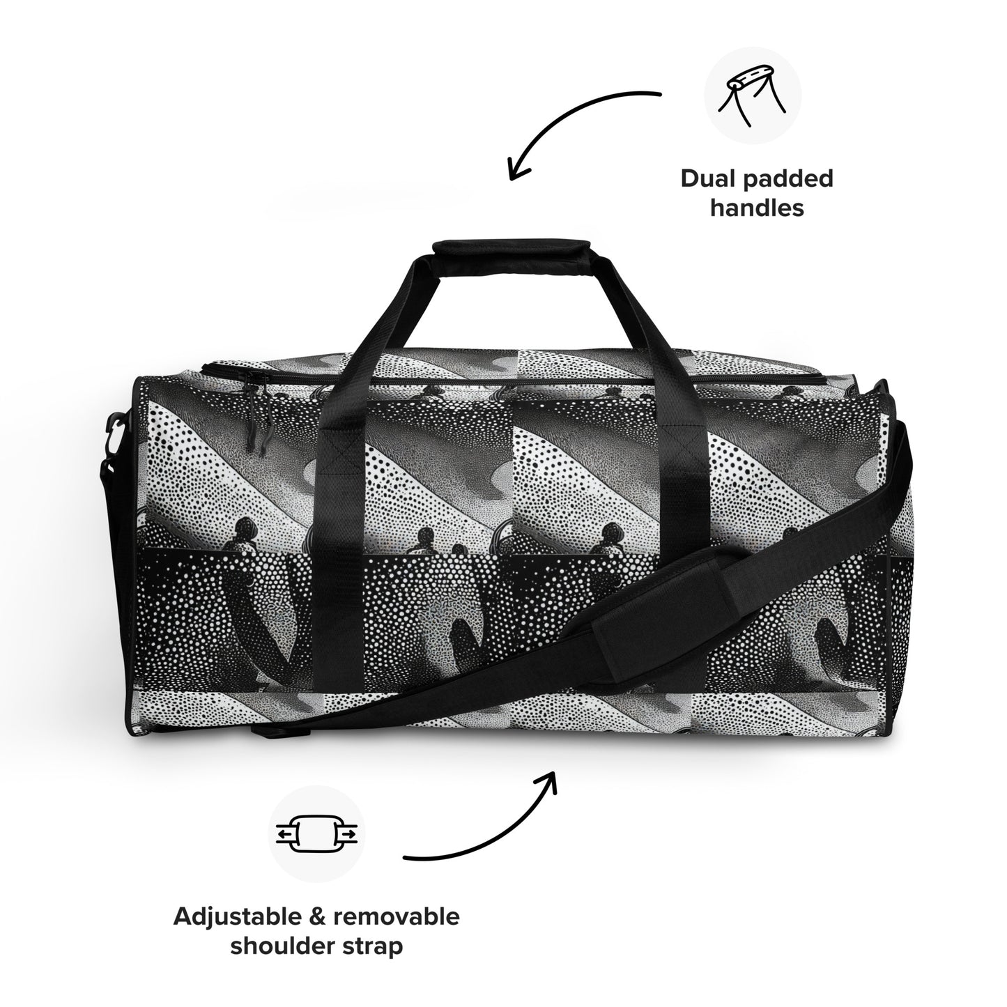 BEATS.CALI duffle bag is built to last. Its robust construction, featuring 100% polyester with black interlining, ensures it can handle the demands of your busiest days. With a generous interior space measuring 22" x 11.5" x 11.5", staying organized has never been easier. Utilize the multiple pockets, including a secure zipper pocket, to keep your essentials within reach. our duffle bag ensures stability with T-piping, providing peace of mind as you navigate daily.