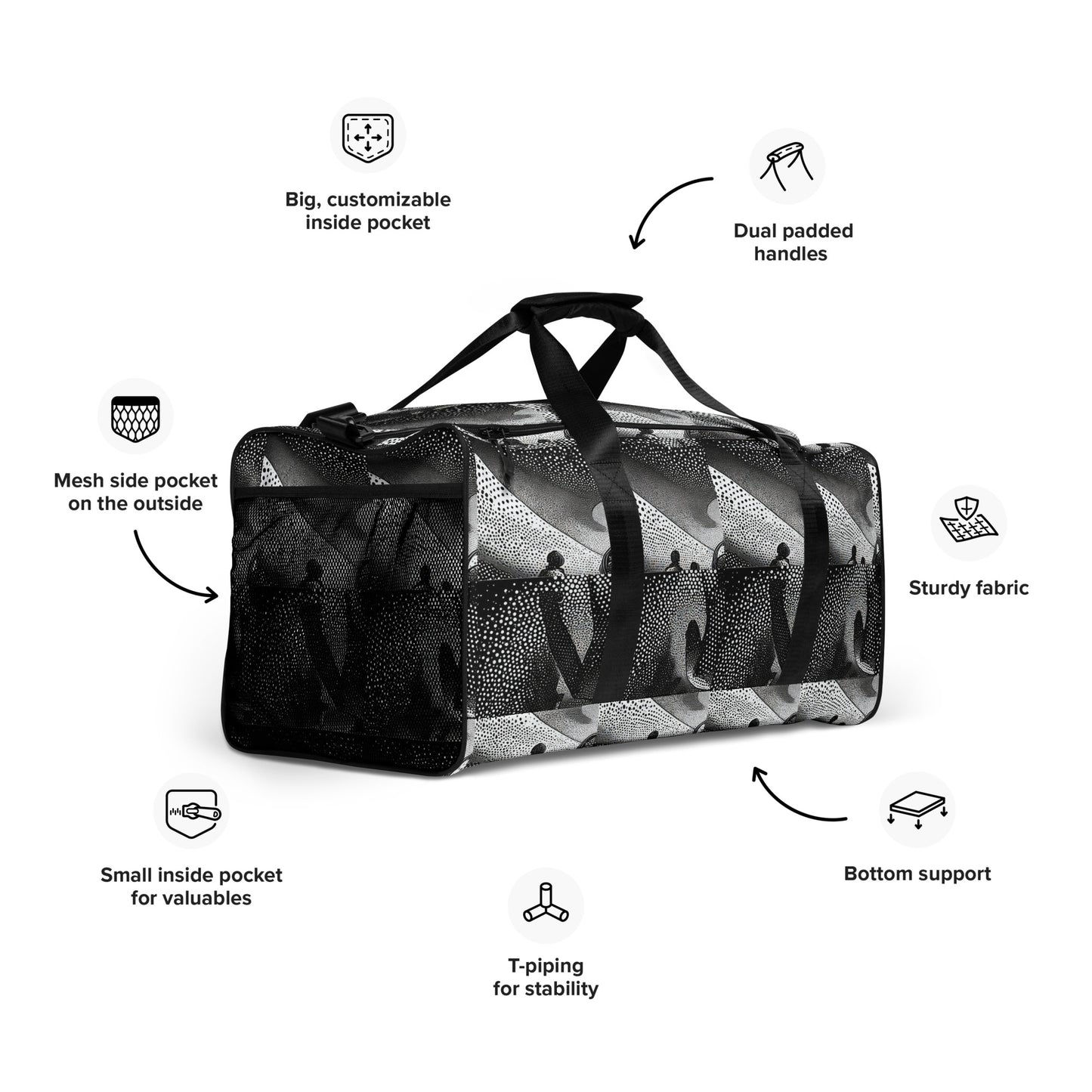 'beats.cali' Duffle Bag as the art-inspired spacious duffle bag has you covered in style and functionality for every occasion. The bag’s shoulder strap is adjustable and removable. Its dual padded handles with Velcro fastening ensures easy carrying. Contents do stay organized and safe with its multiple inside pockets.