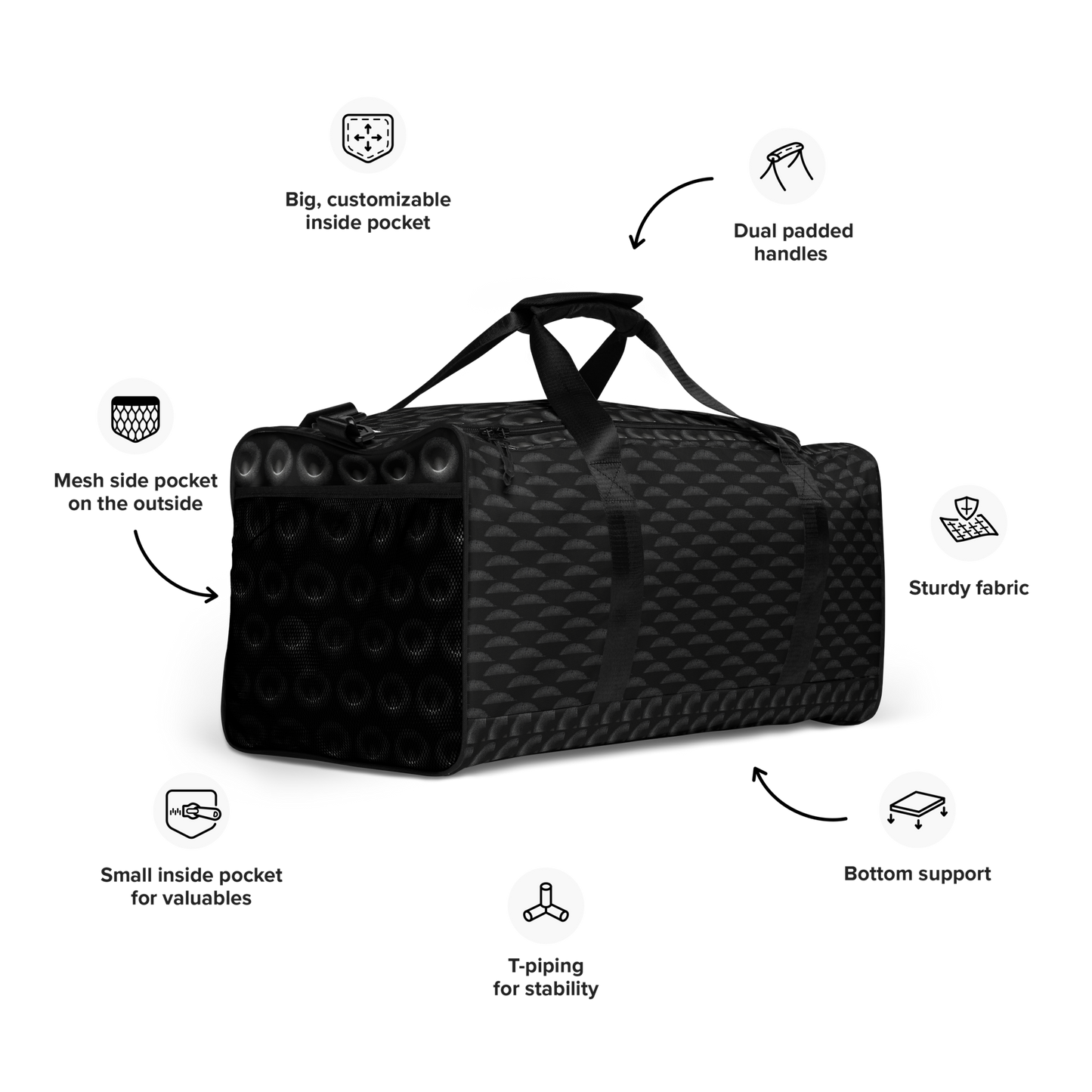 BEATS.CALI duffle bag is built to last. Its robust construction, featuring 100% polyester with black interlining, ensures it can handle the demands of your busiest days. With a generous interior space measuring 22" x 11.5" x 11.5", staying organized has never been easier. Utilize the multiple pockets, including a secure zipper pocket, to keep your essentials within reach. our duffle bag ensures stability with T-piping, providing peace of mind as you navigate daily.