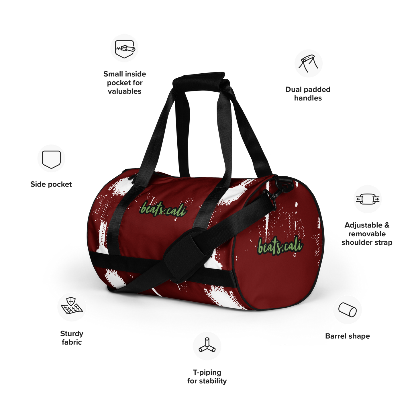 Crafted from durable 100% polyester and featuring sturdy, water-resistant fabric, this gym bag from beats.cali. combines fun with functionality. Perfect for stashing your workout essentials, it comes equipped with plenty of pockets to keep you organized. The fabric weight of 9.91 oz/yd² (336 g/m²) ensures durability.