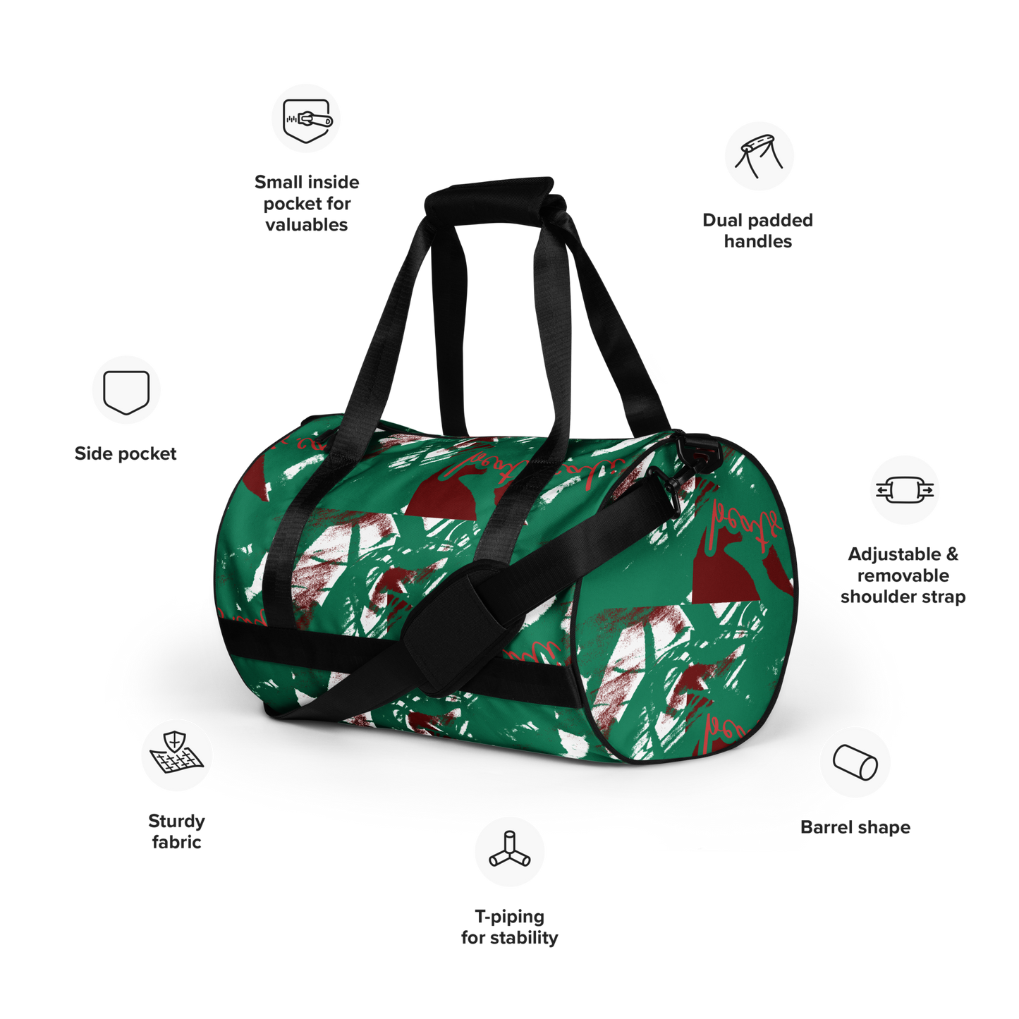 Experience the perfect blend of durability, style, and artistic flair with beats.cali Gym Bag. Crafted from premium, water-resistant materials, this bag is built to withstand the rigors of your daily workout routine. Its sleek design and vibrant art-themed patterns make a bold statement wherever you go. Ready to crush your fitness goals? Energize your gym sessions with our eye-catching Gym Bag.