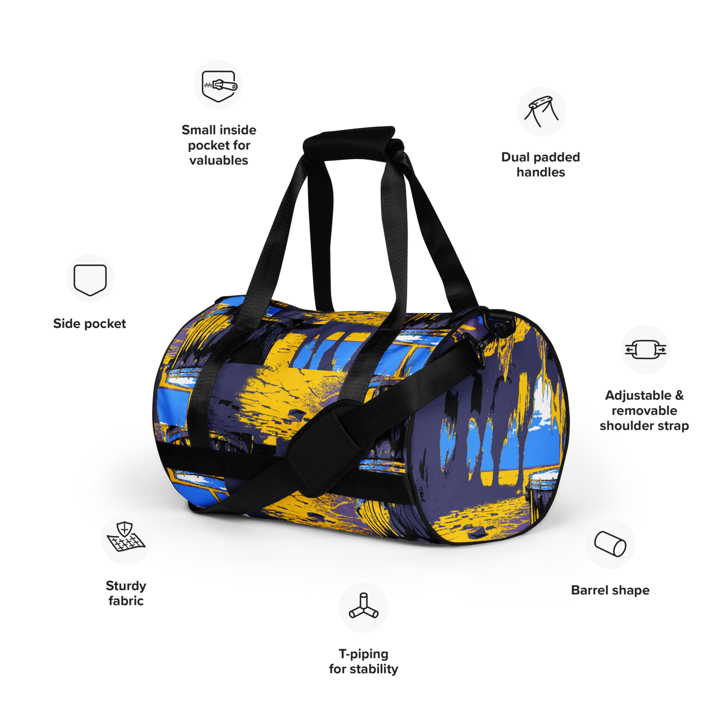 Experience the perfect blend of durability, style, and artistic flair with beats.cali Gym Bag. Crafted from premium, water-resistant materials, this bag is built to withstand the rigors of your daily workout routine. Its sleek design and vibrant art-themed patterns make a bold statement wherever you go. Featuring multiple compartments and pockets, it offers ample storage space for all your gym essentials, keeping you organized and ready to conquer your fitness goals.