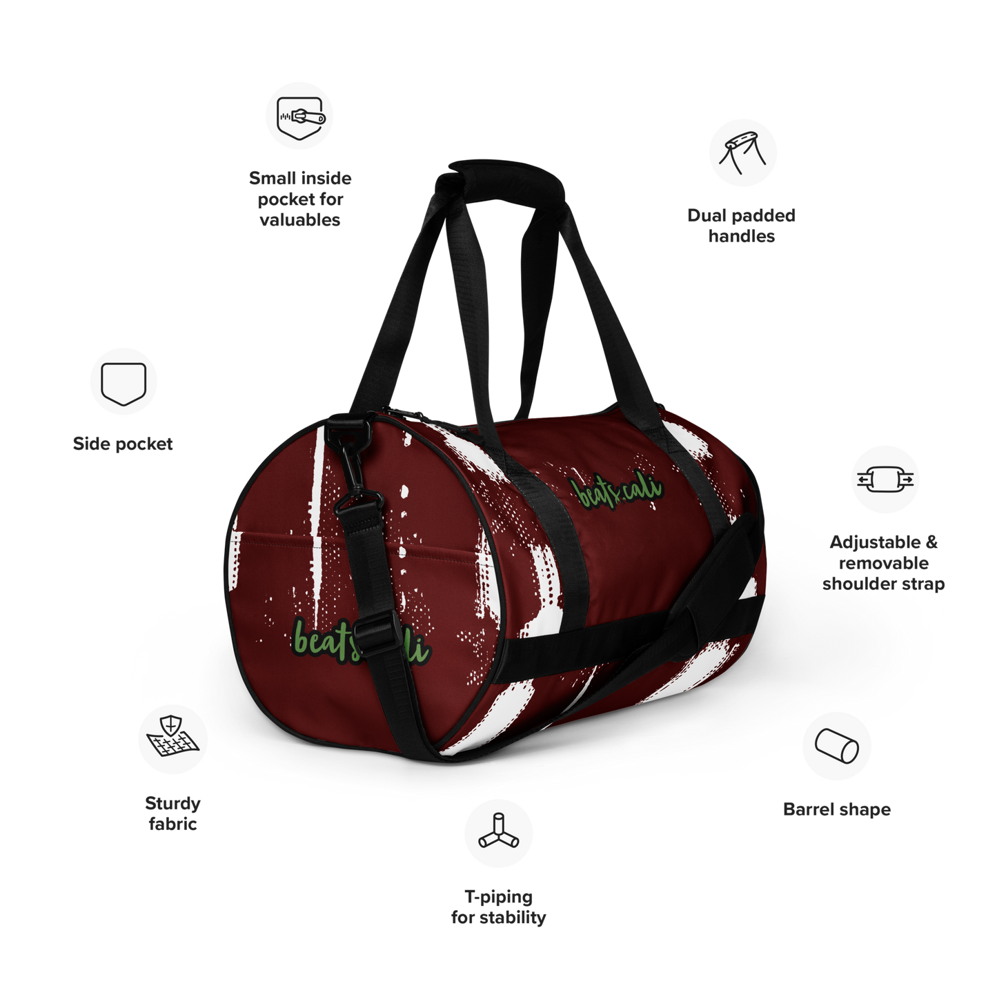 Crafted from durable 100% polyester and featuring sturdy, water-resistant fabric, this gym bag from beats.cali. combines fun with functionality. Perfect for stashing your workout essentials, it comes equipped with plenty of pockets to keep you organized. The fabric weight of 9.91 oz/yd² (336 g/m²) ensures durability.