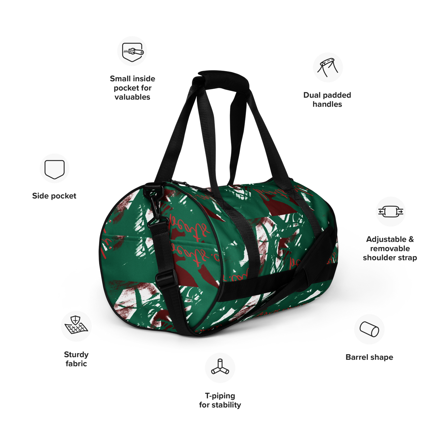 Experience the perfect blend of durability, style, and artistic flair with beats.cali Gym Bag. Crafted from premium, water-resistant materials, this bag is built to withstand the rigors of your daily workout routine. Its sleek design and vibrant art-themed patterns make a bold statement wherever you go. Ready to crush your fitness goals? Energize your gym sessions with our eye-catching Gym Bag.
