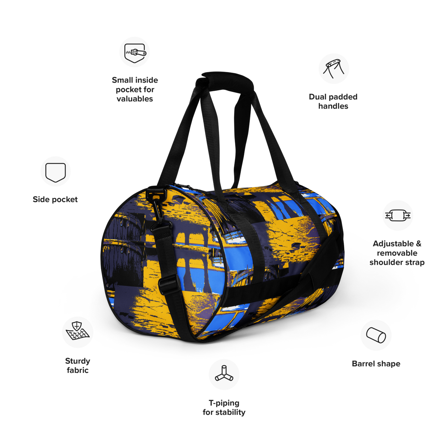 Experience the perfect blend of durability, style, and artistic flair with beats.cali Gym Bag. Crafted from premium, water-resistant materials, this bag is built to withstand the rigors of your daily workout routine. Its sleek design and vibrant art-themed patterns make a bold statement wherever you go. Featuring multiple compartments and pockets, it offers ample storage space for all your gym essentials, keeping you organized and ready to conquer your fitness goals.
