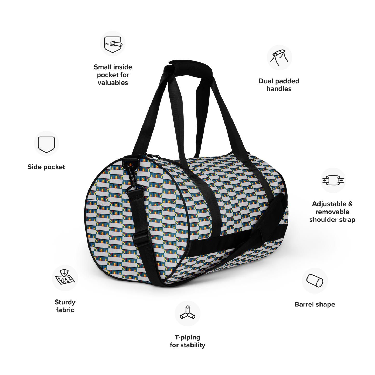 Crafted from durable 100% polyester and featuring sturdy, water-resistant fabric, this gym bag from beats.cali. combines fun with functionality. Perfect for stashing your workout essentials, it comes equipped with plenty of pockets to keep you organized. The fabric weight of 9.91 oz/yd² (336 g/m²) ensures durability.
