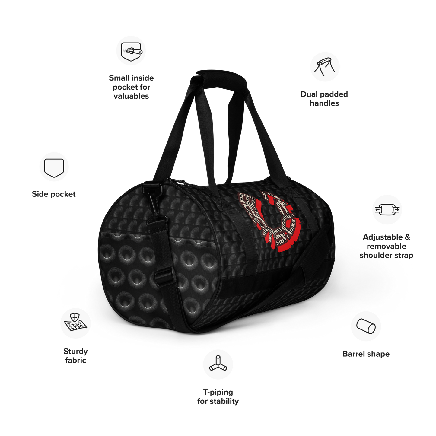 Crafted from durable 100% polyester and featuring sturdy, water-resistant fabric, this gym bag from beats.cali. combines fun with functionality. Perfect for stashing your workout essentials, it comes equipped with plenty of pockets to keep you organized. The fabric weight of 9.91 oz/yd² (336 g/m²) ensures durability.