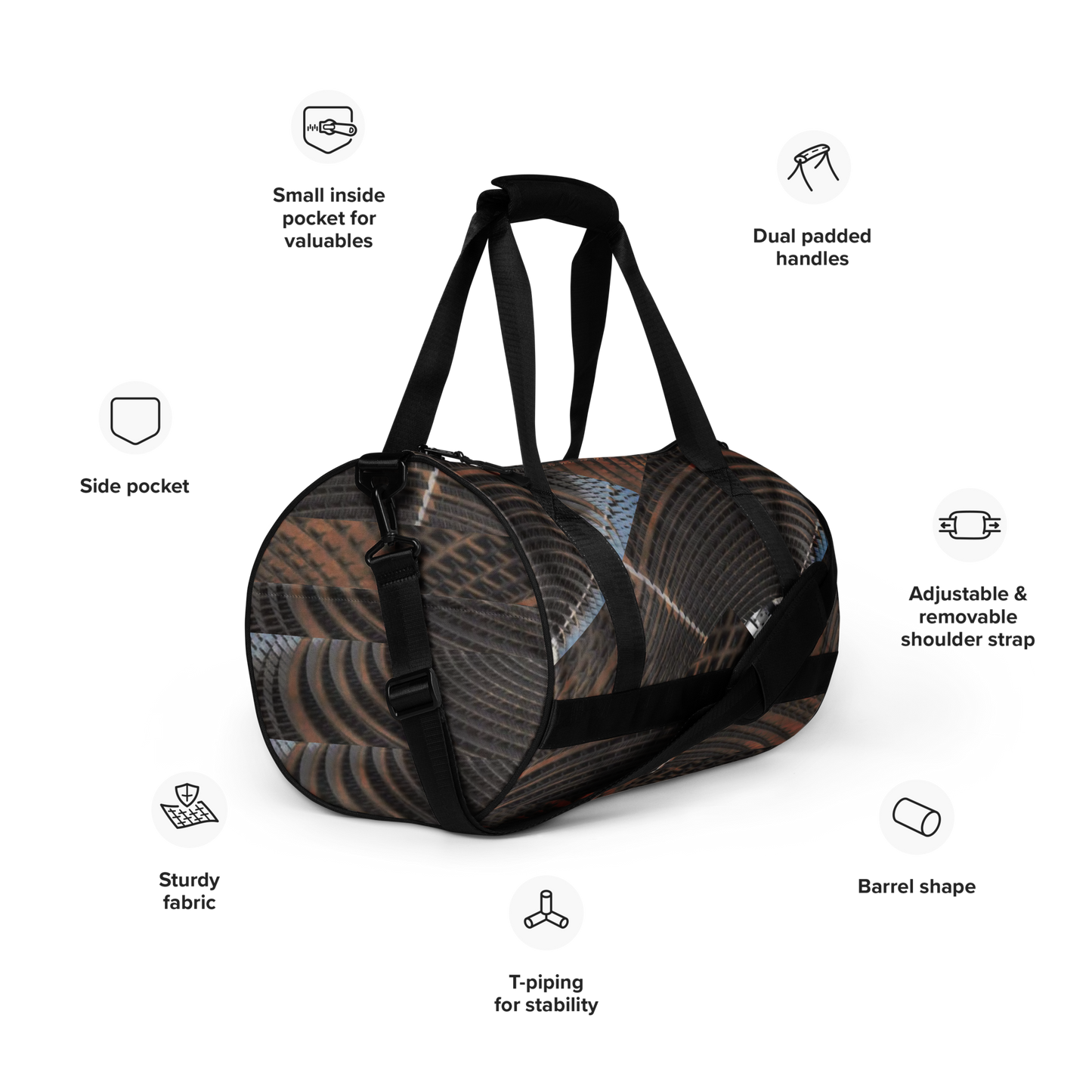 Crafted from durable 100% polyester and featuring sturdy, water-resistant fabric, this gym bag from beats.cali. combines fun with functionality. Perfect for stashing your workout essentials, it comes equipped with plenty of pockets to keep you organized. The fabric weight of 9.91 oz/yd² (336 g/m²) ensures durability.