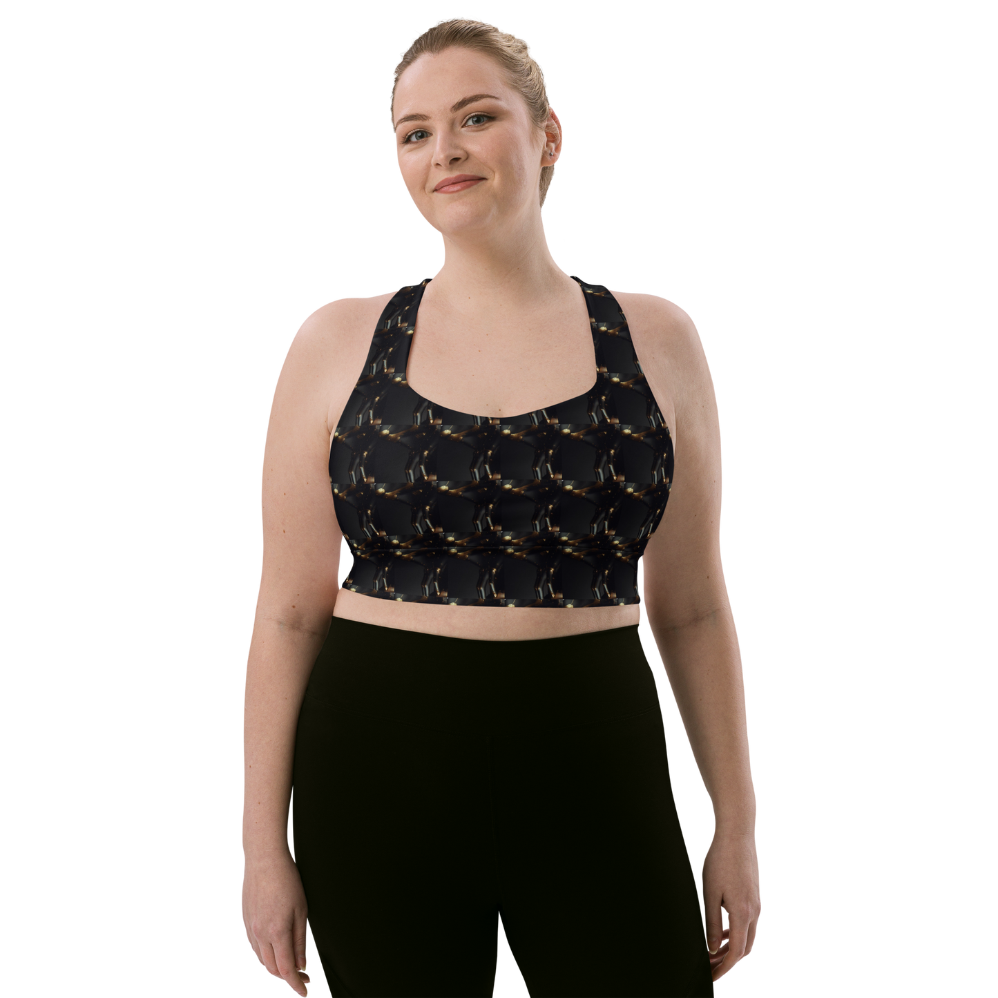Crafted with precision from compression fabric and sports mesh lining, this sports bra delivers unmatched support for high-impact activities. With its double-layered front and reinforced shoulder straps, it offers stability and comfort, empowering you to tackle any workout challenge with confidence. But what truly sets it apart is beats.cali's distinctive artistic flair, transforming this bra into a fashion statement that transcends the gym.
