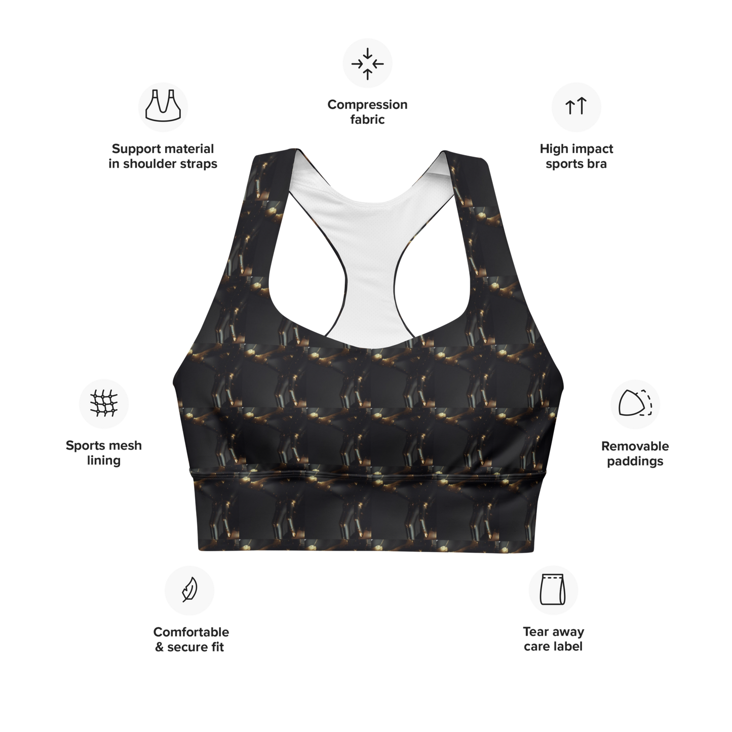 Crafted with precision from compression fabric and sports mesh lining, this sports bra delivers unmatched support for high-impact activities. With its double-layered front and reinforced shoulder straps, it offers stability and comfort, empowering you to tackle any workout challenge with confidence. But what truly sets it apart is beats.cali's distinctive artistic flair, transforming this bra into a fashion statement that transcends the gym.