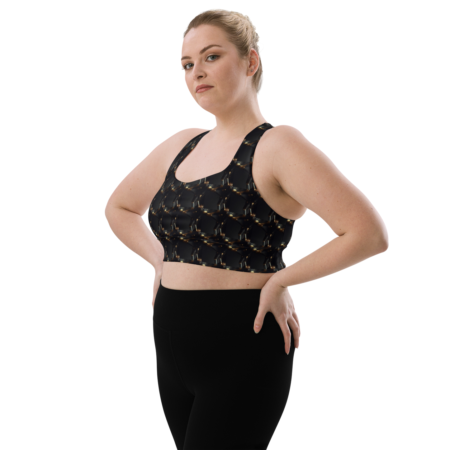Crafted with precision from compression fabric and sports mesh lining, this sports bra delivers unmatched support for high-impact activities. With its double-layered front and reinforced shoulder straps, it offers stability and comfort, empowering you to tackle any workout challenge with confidence. But what truly sets it apart is beats.cali's distinctive artistic flair, transforming this bra into a fashion statement that transcends the gym.