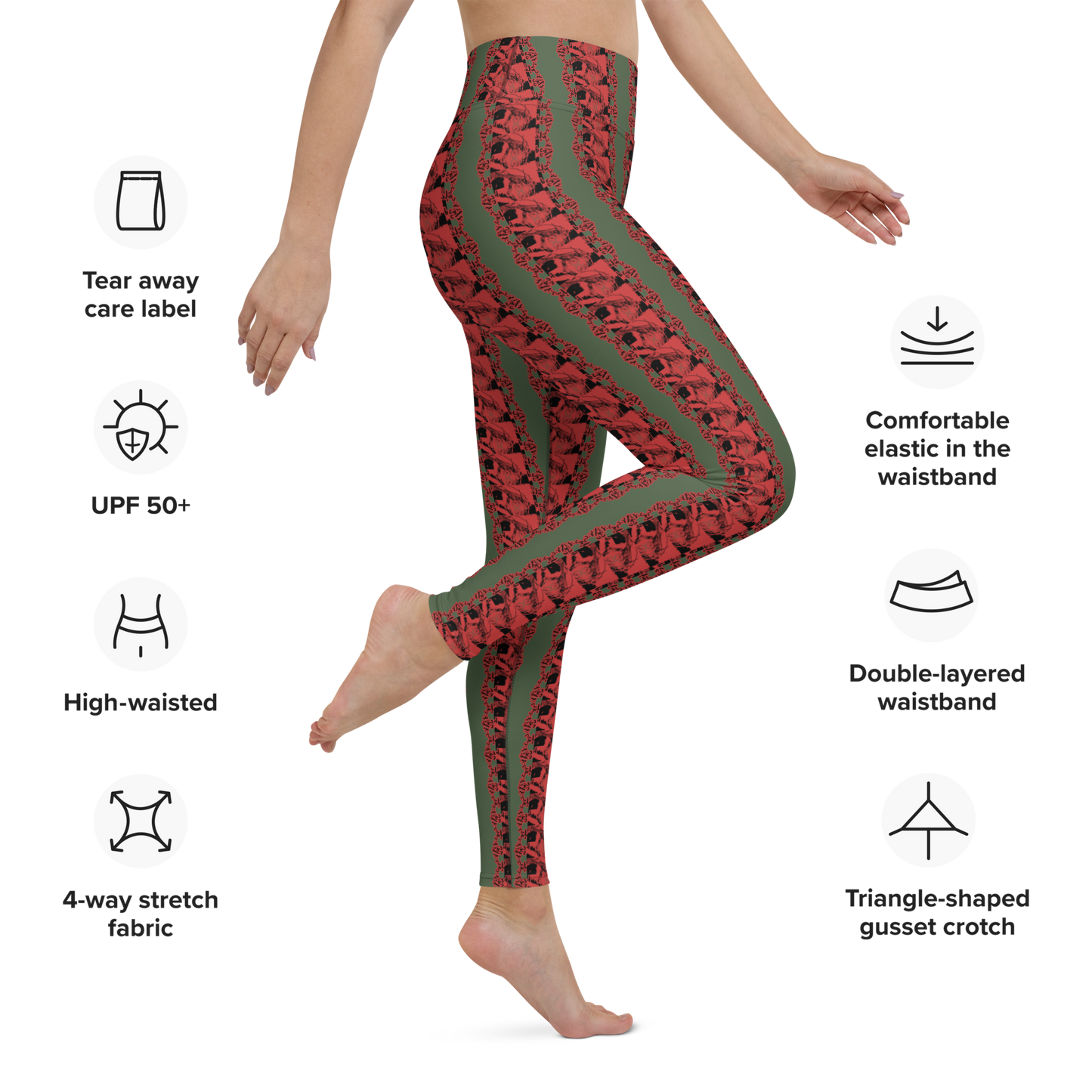 Art meets activewear! These yoga leggings are super soft, stretchy, and ultra-comfortable. Each pair crafted for both yoga sessions and everyday style, is precision-cut and hand-sewn after printing, offering a four-way stretch for optimal flexibility whilst the raised waistband ensures a secure fit and the smooth microfiber yarn of the blend of premium polyester and spandex adds to the comfort.
