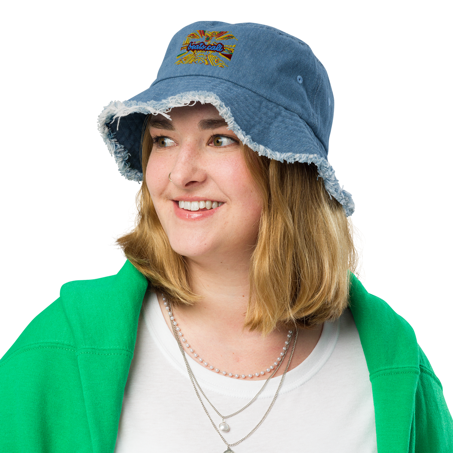 Distressed denim bucket hat