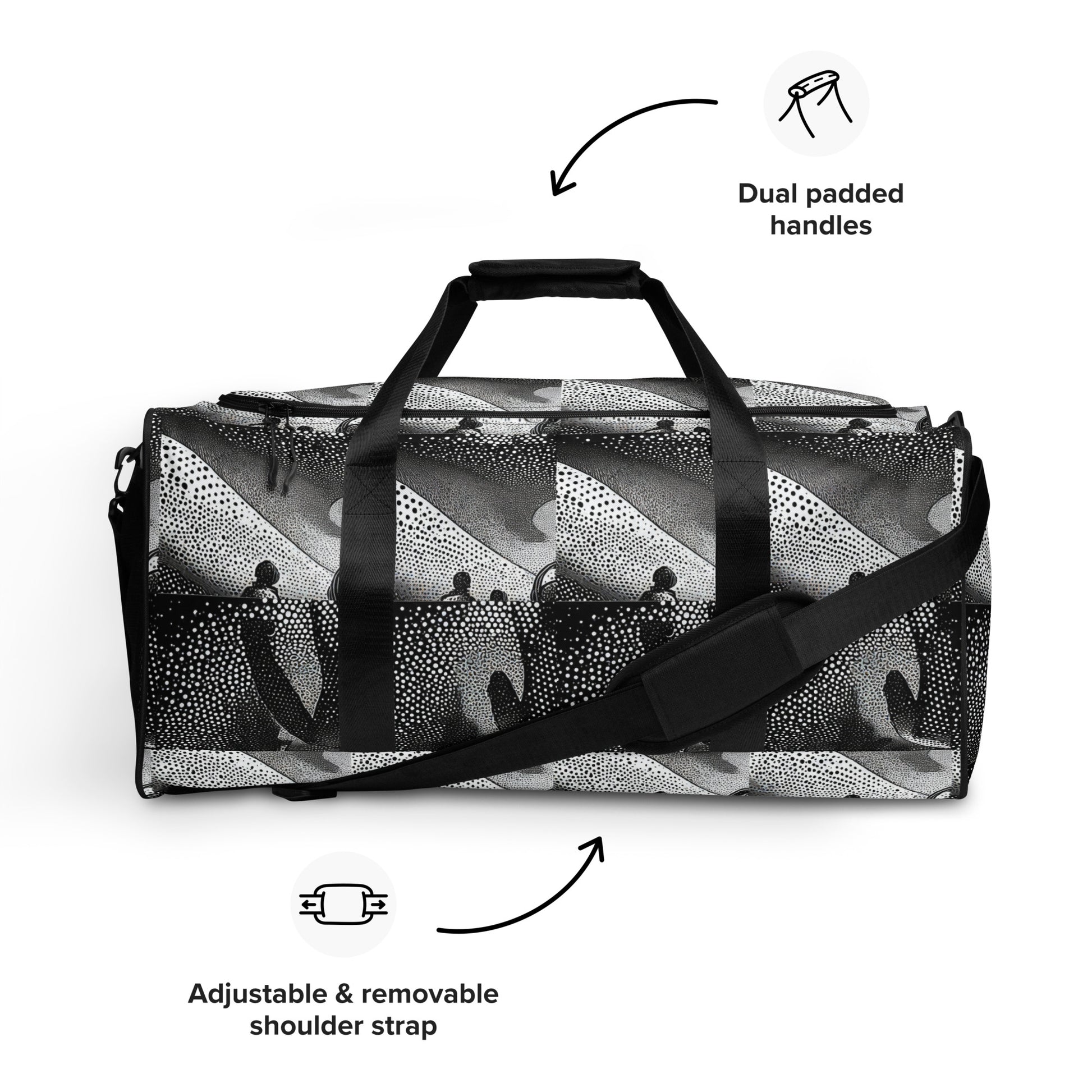 BEATS.CALI duffle bag is built to last. Its robust construction, featuring 100% polyester with black interlining, ensures it can handle the demands of your busiest days. With a generous interior space measuring 22" x 11.5" x 11.5", staying organized has never been easier. Utilize the multiple pockets, including a secure zipper pocket, to keep your essentials within reach.&nbsp; our duffle bag ensures stability with T-piping, providing peace of mind as you navigate daily.