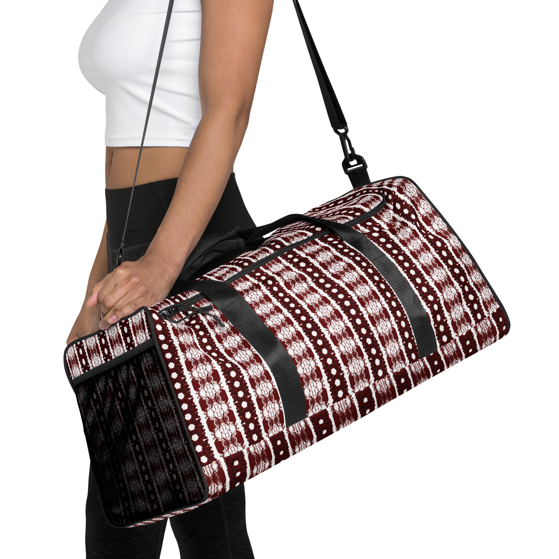 Our duffle bag is built to last. Its robust construction, featuring 100% polyester with black interlining, ensures it can handle the demands of your busiest days. With a generous interior space measuring 22" x 11.5" x 11.5", staying organized has never been easier. Utilize the multiple pockets, including a secure zipper pocket, to keep your essentials within reach.&nbsp; our duffle bag ensures stability with T-piping, providing peace of mind as you navigate daily.