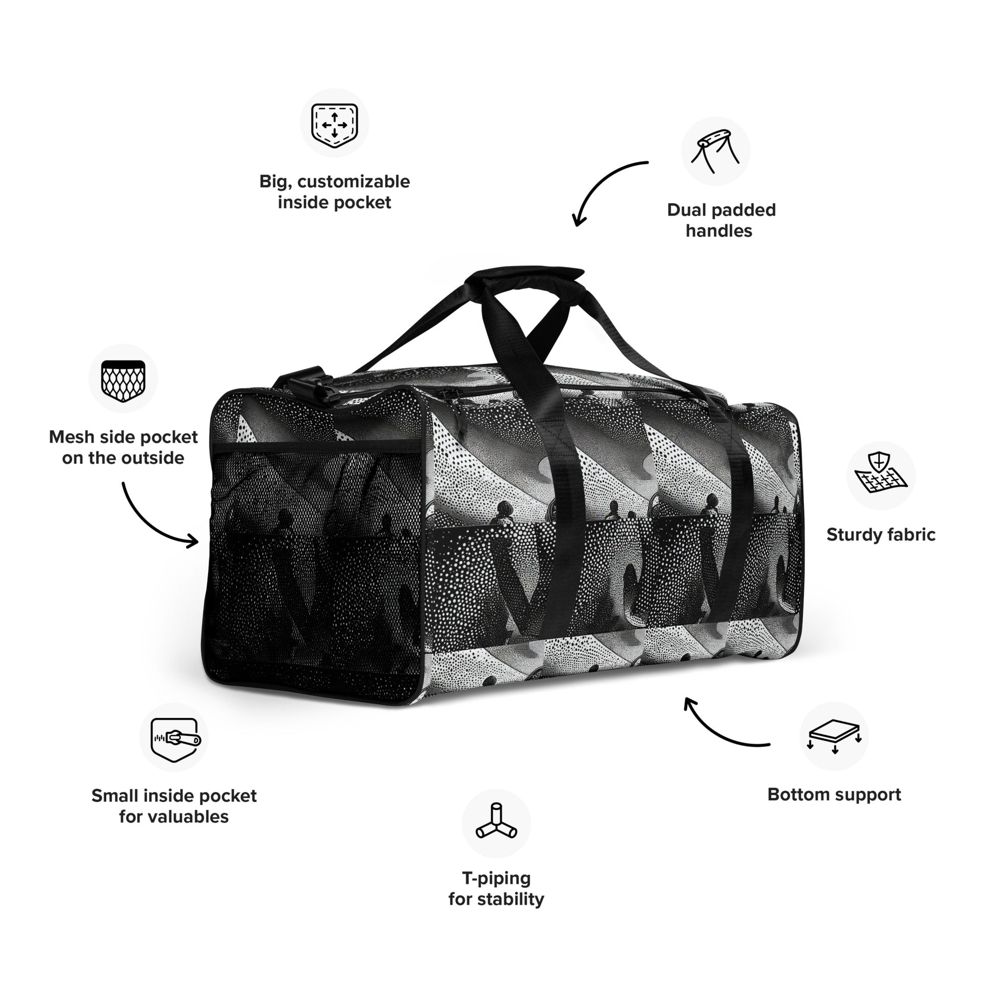 'beats.cali' Duffle Bag as the art-inspired spacious duffle bag has you covered in style and functionality for every occasion. The bag’s shoulder strap is adjustable and removable. Its dual padded handles with Velcro fastening ensures easy carrying. Contents do stay organized and safe with its multiple inside pockets.