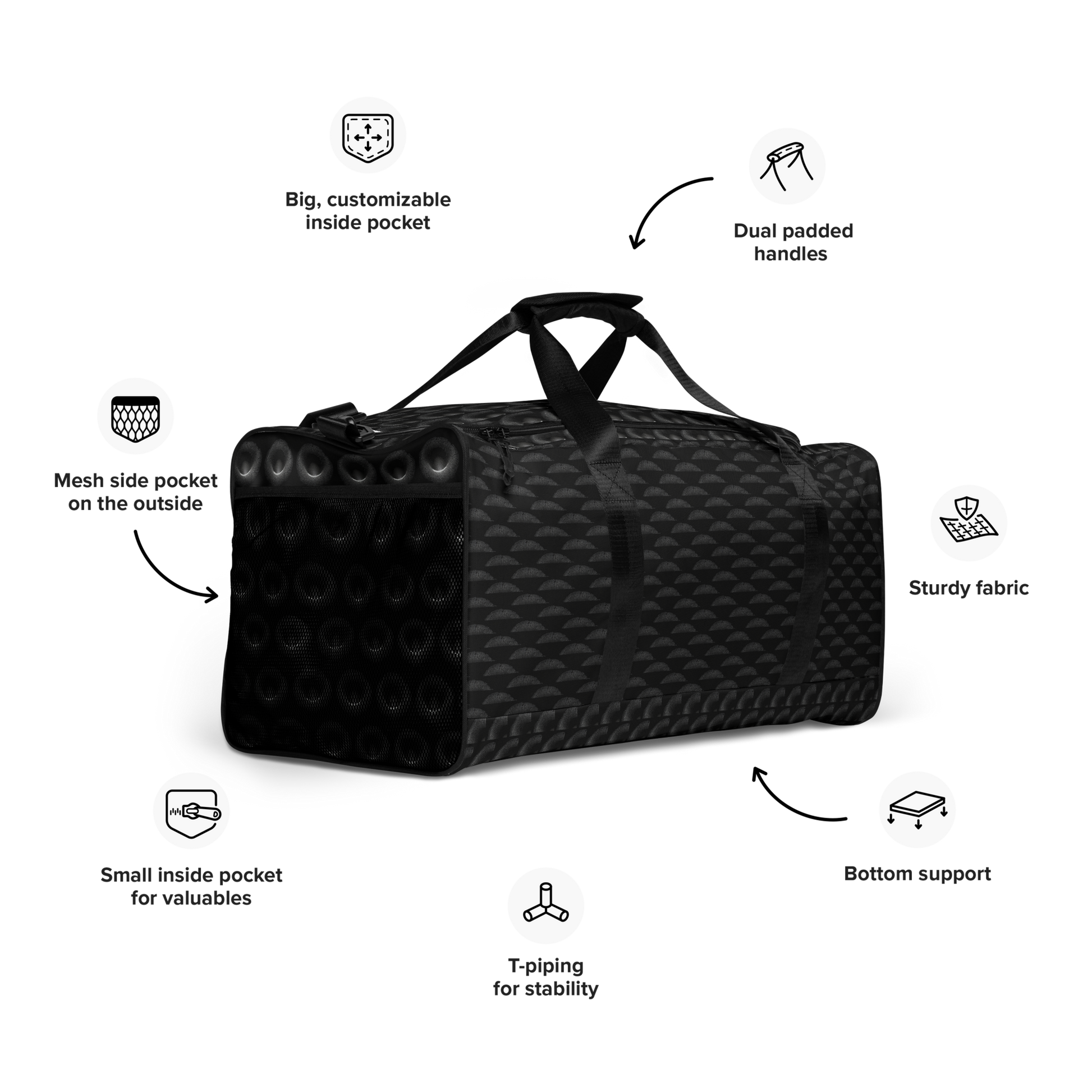 BEATS.CALI duffle bag is built to last. Its robust construction, featuring 100% polyester with black interlining, ensures it can handle the demands of your busiest days. With a generous interior space measuring 22" x 11.5" x 11.5", staying organized has never been easier. Utilize the multiple pockets, including a secure zipper pocket, to keep your essentials within reach.&nbsp; our duffle bag ensures stability with T-piping, providing peace of mind as you navigate daily.