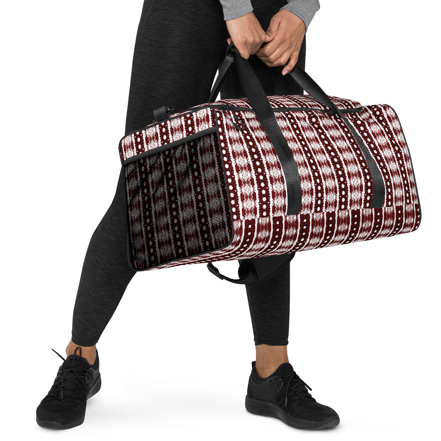 Our duffle bag is built to last. Its robust construction, featuring 100% polyester with black interlining, ensures it can handle the demands of your busiest days. With a generous interior space measuring 22" x 11.5" x 11.5", staying organized has never been easier. Utilize the multiple pockets, including a secure zipper pocket, to keep your essentials within reach.&nbsp; our duffle bag ensures stability with T-piping, providing peace of mind as you navigate daily.