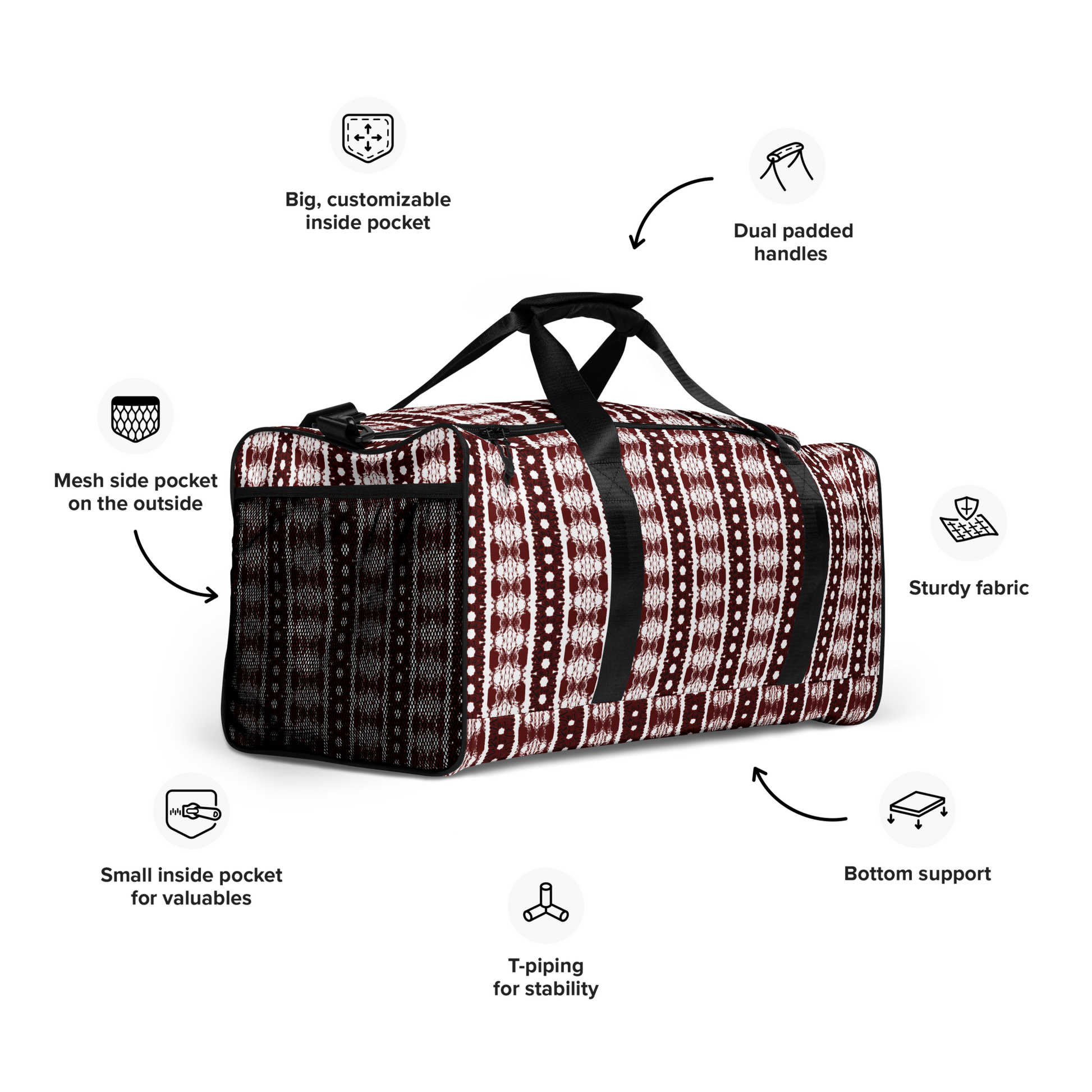 BEATS.CALI duffle bag is built to last. Its robust construction, featuring 100% polyester with black interlining, ensures it can handle the demands of your busiest days. With a generous interior space measuring 22" x 11.5" x 11.5", staying organized has never been easier. Utilize the multiple pockets, including a secure zipper pocket, to keep your essentials within reach.&nbsp; our duffle bag ensures stability with T-piping, providing peace of mind as you navigate daily.