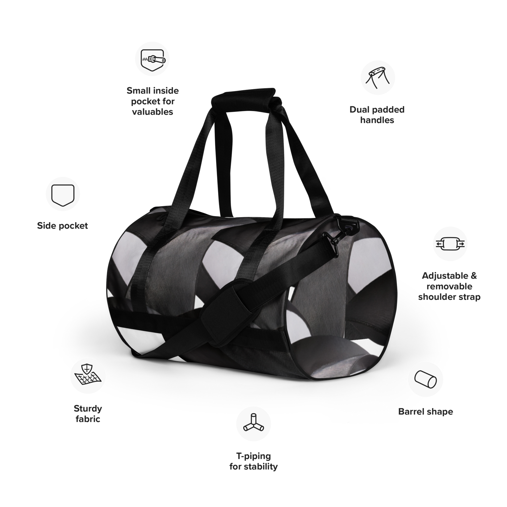 Crafted from durable 100% polyester and featuring sturdy, water-resistant fabric, this gym bag from beats.cali. combines fun with functionality. Perfect for stashing your workout essentials, it comes equipped with plenty of pockets to keep you organized. The fabric weight of 9.91 oz/yd² (336 g/m²) ensures durability.