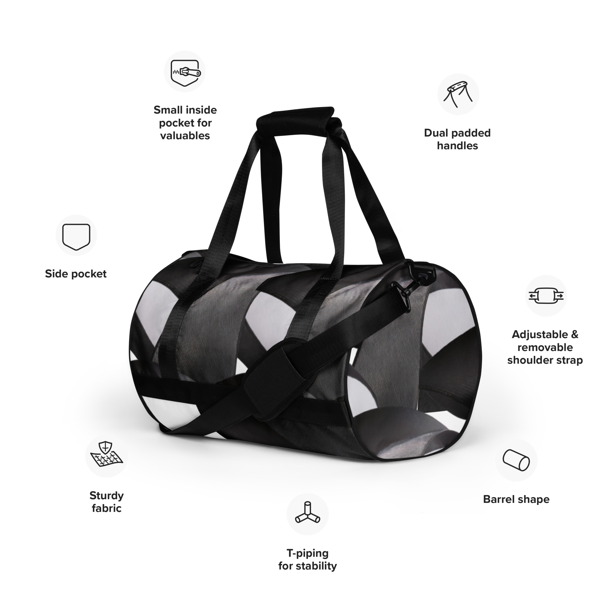 Crafted from durable 100% polyester and featuring sturdy, water-resistant fabric, this gym bag from beats.cali. combines fun with functionality. Perfect for stashing your workout essentials, it comes equipped with plenty of pockets to keep you organized. The fabric weight of 9.91 oz/yd² (336 g/m²) ensures durability.