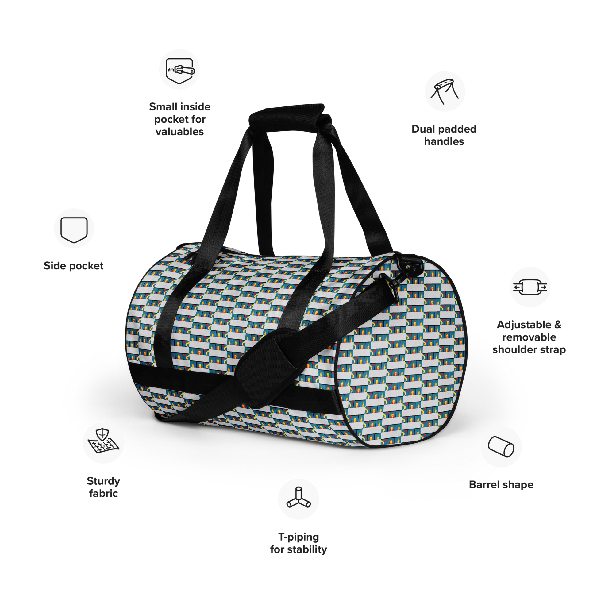 Crafted from durable 100% polyester and featuring sturdy, water-resistant fabric, this gym bag from beats.cali. combines fun with functionality. Perfect for stashing your workout essentials, it comes equipped with plenty of pockets to keep you organized. The fabric weight of 9.91 oz/yd² (336 g/m²) ensures durability.