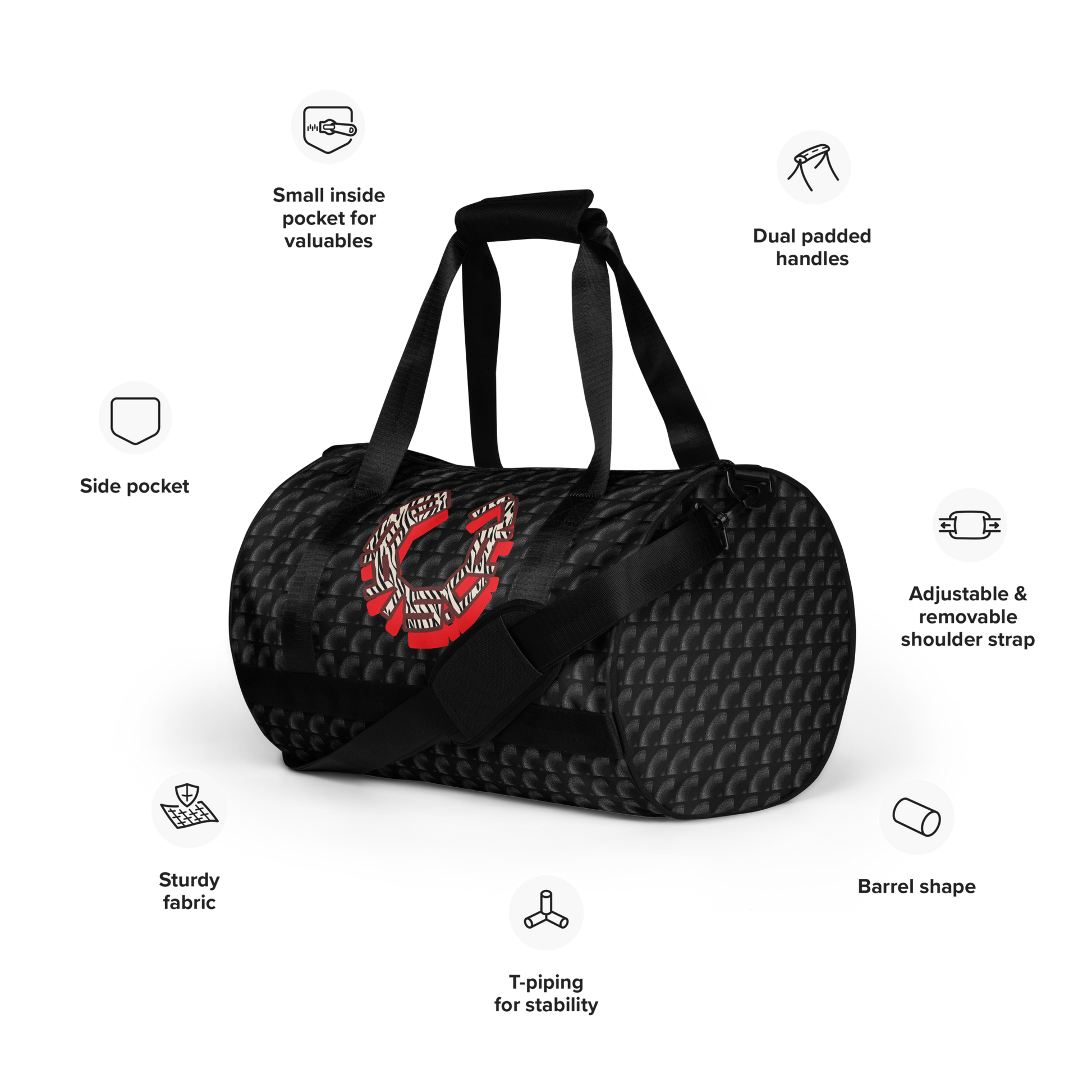 Crafted from durable 100% polyester and featuring sturdy, water-resistant fabric, this gym bag from beats.cali. combines fun with functionality. Perfect for stashing your workout essentials, it comes equipped with plenty of pockets to keep you organized. The fabric weight of 9.91 oz/yd² (336 g/m²) ensures durability.