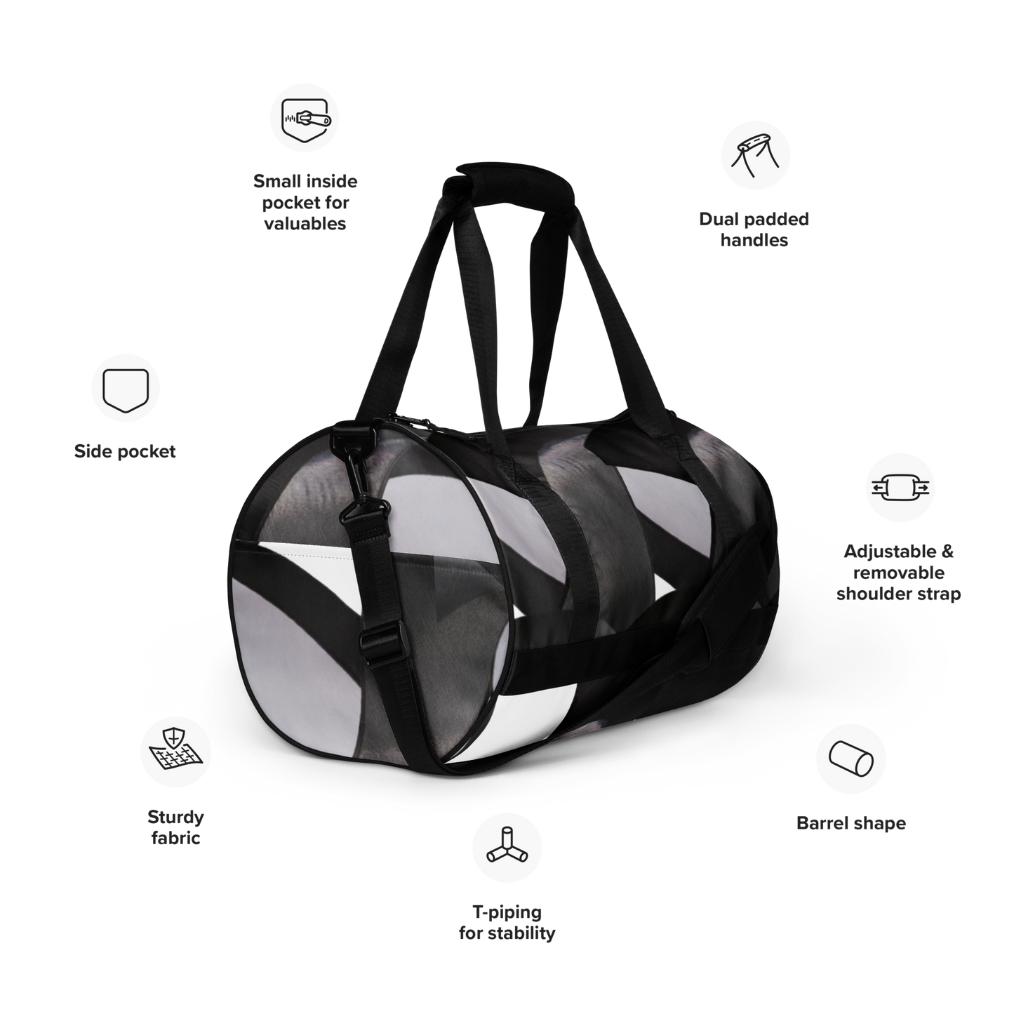 Crafted from durable 100% polyester and featuring sturdy, water-resistant fabric, this gym bag from beats.cali. combines fun with functionality. Perfect for stashing your workout essentials, it comes equipped with plenty of pockets to keep you organized. The fabric weight of 9.91 oz/yd² (336 g/m²) ensures durability.