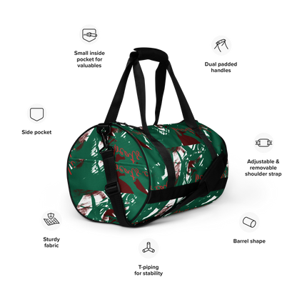 Experience the perfect blend of durability, style, and artistic flair with beats.cali Gym Bag. Crafted from premium, water-resistant materials, this bag is built to withstand the rigors of your daily workout routine. Its sleek design and vibrant art-themed patterns make a bold statement wherever you go. Ready to crush your fitness goals? Energize your gym sessions with our eye-catching Gym Bag. 