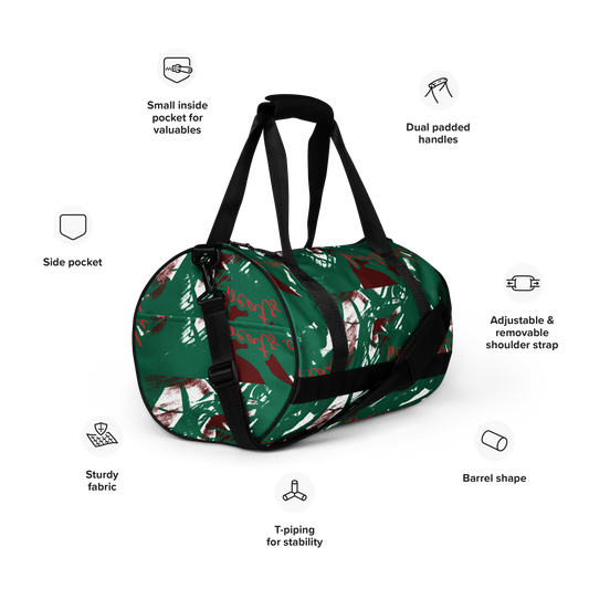 Experience the perfect blend of durability, style, and artistic flair with beats.cali Gym Bag. Crafted from premium, water-resistant materials, this bag is built to withstand the rigors of your daily workout routine. Its sleek design and vibrant art-themed patterns make a bold statement wherever you go. Ready to crush your fitness goals? Energize your gym sessions with our eye-catching Gym Bag. 