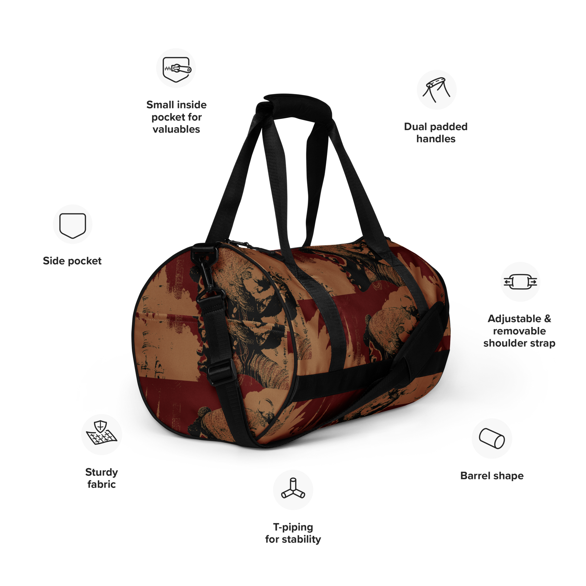 Experience the perfect blend of durability, style, and artistic flair with beats.cali Gym Bag. Crafted from premium, water-resistant materials, this bag is built to withstand the rigors of your daily workout routine. Its sleek design and vibrant art-themed patterns make a bold statement wherever you go. Featuring multiple compartments and pockets, it offers ample storage space for all your gym essentials, keeping you organized and ready to conquer your fitness goals.  