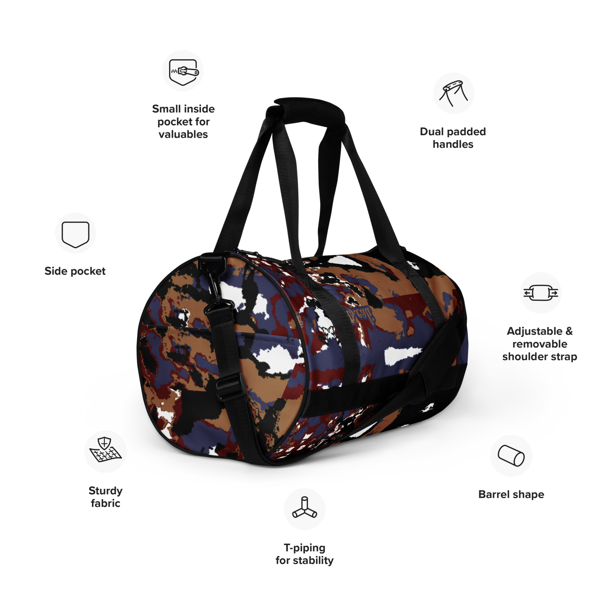 Featuring multiple compartments and pockets, it offers ample storage space for all your gym essentials, keeping you organized and ready to conquer your fitness goals. Whether you're hitting the gym or heading out for a weekend adventure, our Gym Bag is your ultimate companion. Upgrade your gear and make a statement with this Gym Bag today!
