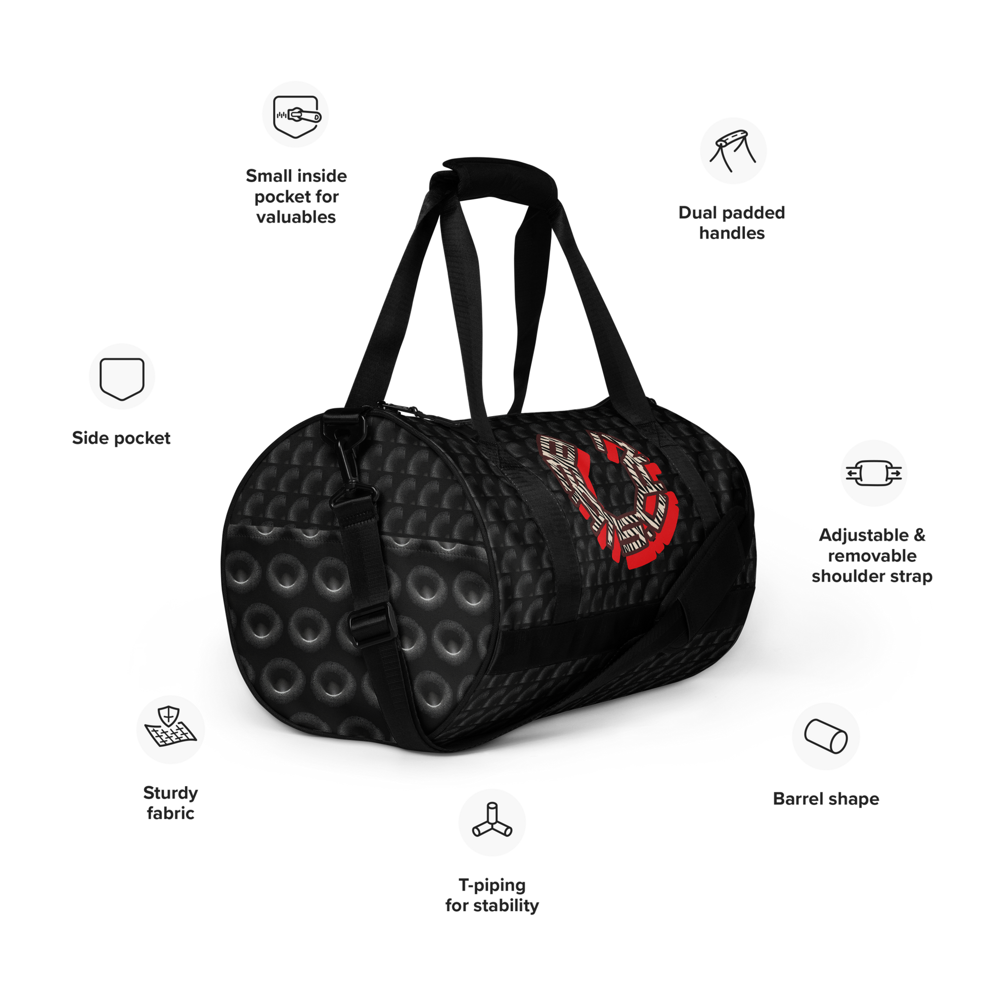 Crafted from durable 100% polyester and featuring sturdy, water-resistant fabric, this gym bag from beats.cali. combines fun with functionality. Perfect for stashing your workout essentials, it comes equipped with plenty of pockets to keep you organized. The fabric weight of 9.91 oz/yd² (336 g/m²) ensures durability.