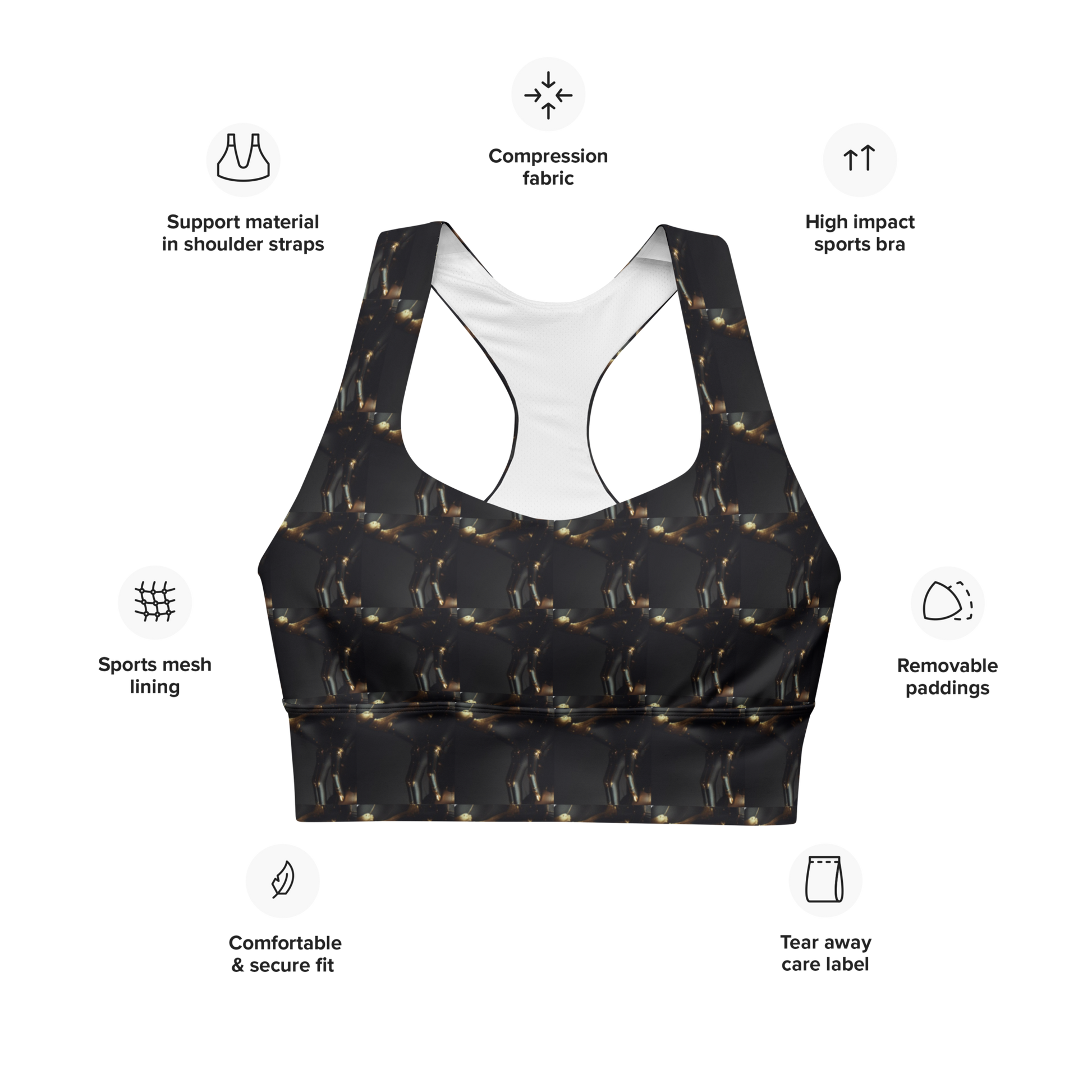  Crafted with precision from compression fabric and sports mesh lining, this sports bra delivers unmatched support for high-impact activities. With its double-layered front and reinforced shoulder straps, it offers stability and comfort, empowering you to tackle any workout challenge with confidence. But what truly sets it apart is beats.cali's distinctive artistic flair, transforming this bra into a fashion statement that transcends the gym.