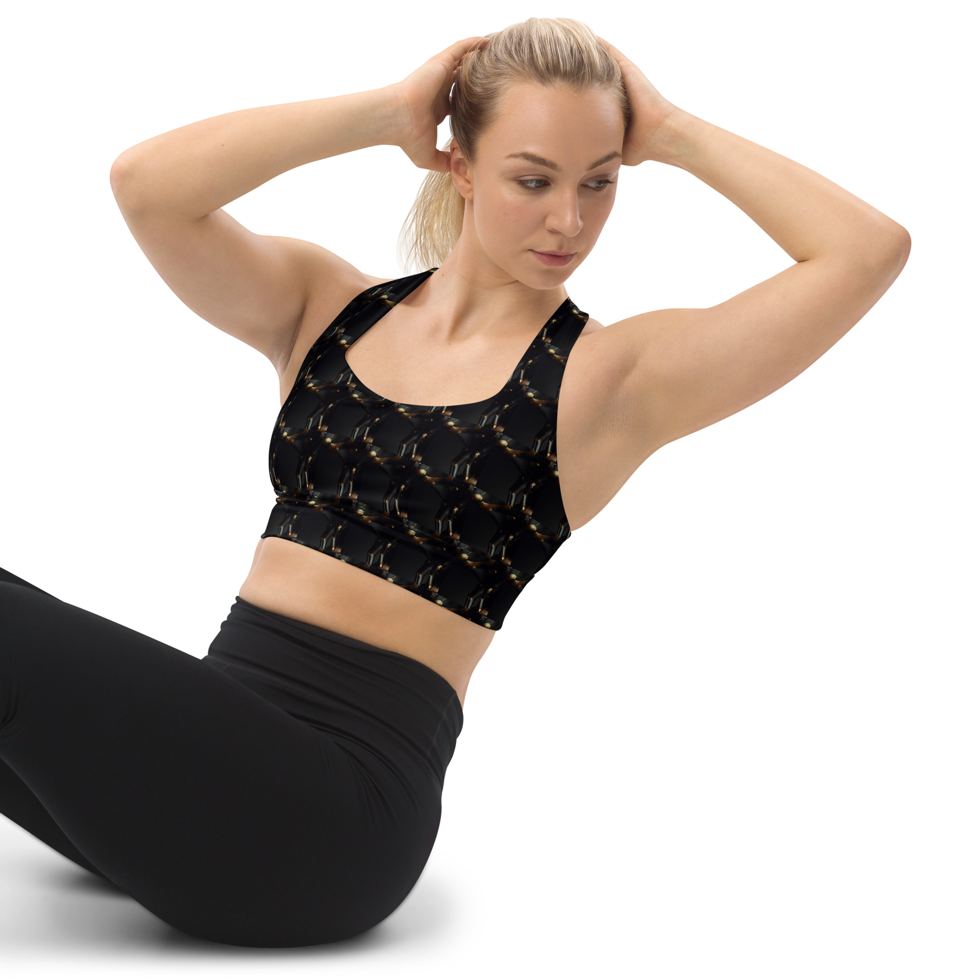  Crafted with precision from compression fabric and sports mesh lining, this sports bra delivers unmatched support for high-impact activities. With its double-layered front and reinforced shoulder straps, it offers stability and comfort, empowering you to tackle any workout challenge with confidence. But what truly sets it apart is beats.cali's distinctive artistic flair, transforming this bra into a fashion statement that transcends the gym.