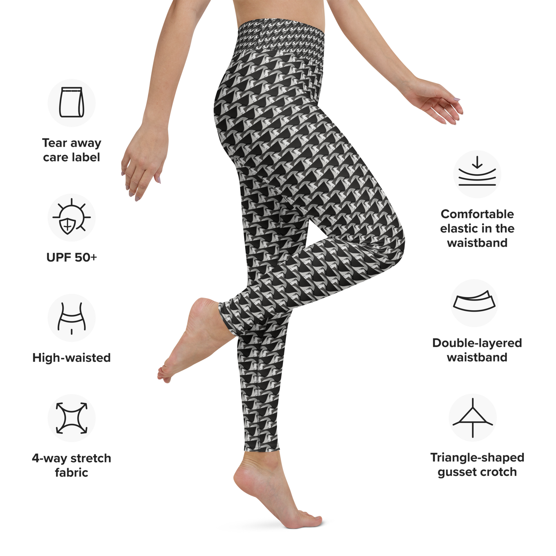 Art meets activewear!  These yoga leggings are super soft, stretchy, and ultra-comfortable. Each pair crafted for both yoga sessions and everyday style, is precision-cut and hand-sewn after printing, offering a four-way stretch for optimal flexibility whilst the raised waistband ensures a secure fit and the smooth microfiber yarn of the blend of premium polyester and spandex adds to its comfort. All in all; just quality craftsmanship! 