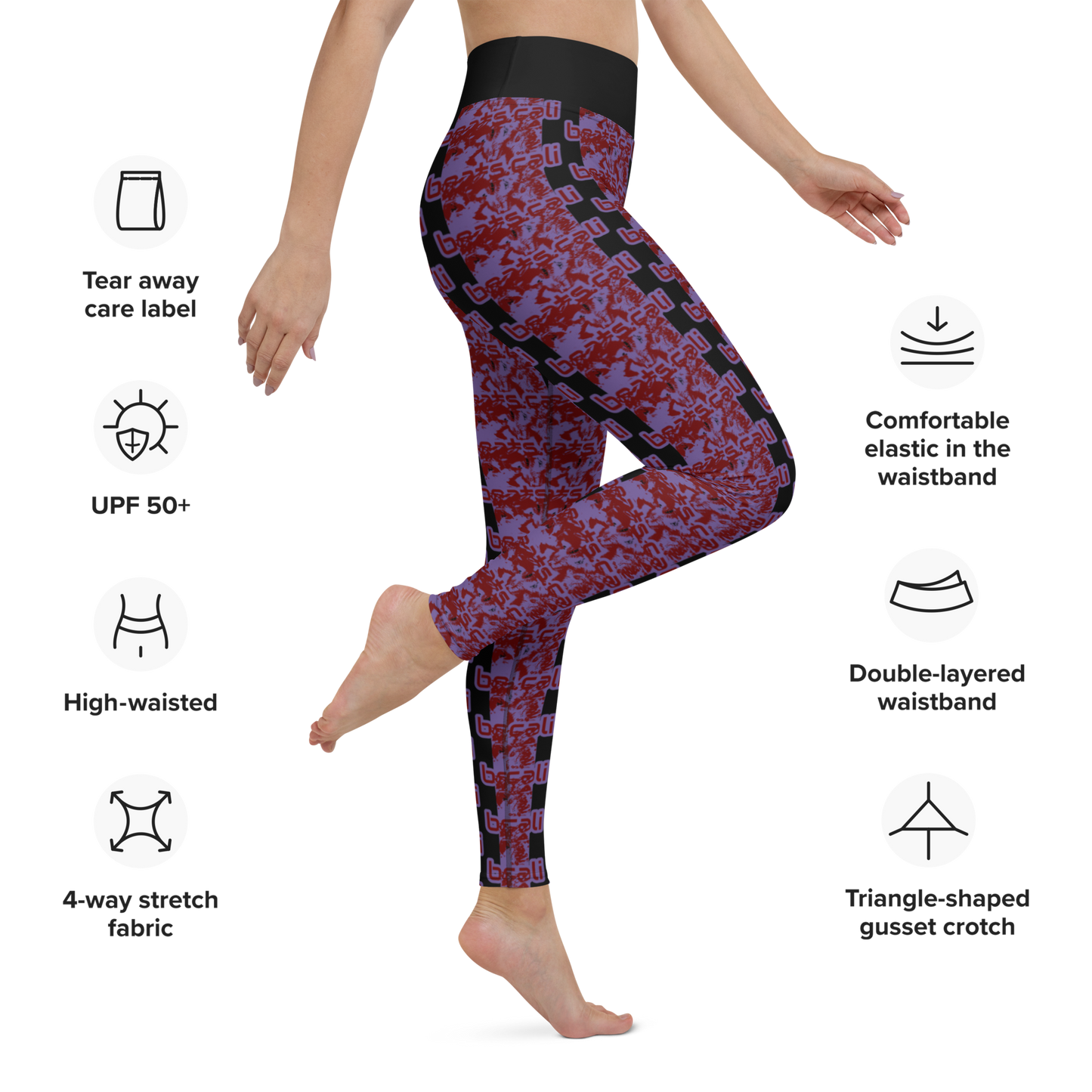 Art meets activewear!  These yoga leggings are super soft, stretchy, and ultra-comfortable. Each pair crafted for both yoga sessions and everyday style, is precision-cut and hand-sewn after printing, offering a four-way stretch for optimal flexibility whilst the raised waistband ensures a secure fit and the smooth microfiber yarn of the blend of premium polyester and spandex adds to its comfort. All in all; just quality craftsmanship! 